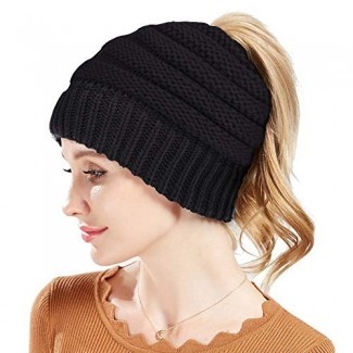  Rosoz Winter Ponytail Beanie para mujer, Warm Beanie Tail Soft Stretch Cable Knit Messy High Bun Beanie Hat Cap 