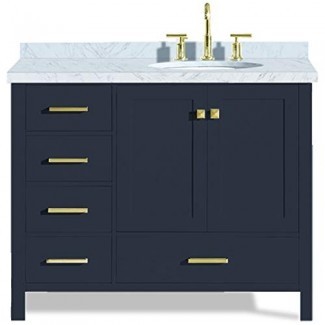  ARIEL Cambridge - Mueble de baño de 43 pulgadas, azul medianoche con lavabo derecho, encimera y encimera de mármol blanco Carrara 