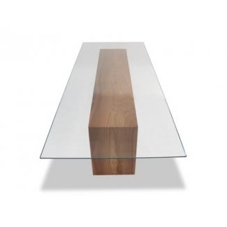  Mesas de comedor de vidrio con base de madera 