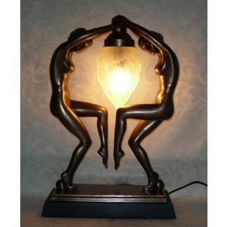  Exquisita lámpara de dama de bronce fundido en frío art déco gemela 