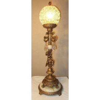  Preciosa lámpara de querubín antigua de 31 vtg, prismas, globo de cristal de mármol 