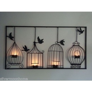  Arte de pared con forma de jaula para pájaros, candelabro con luz de té, metal negro 