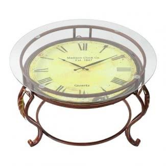  Mesa de centro de vidrio y metal marrón con reloj 