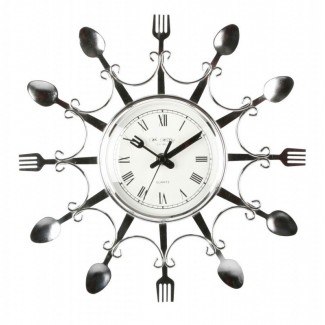  Relojes de cocina con diseño novedoso, color cromo, tenedor, cuchara, pared de cocina 