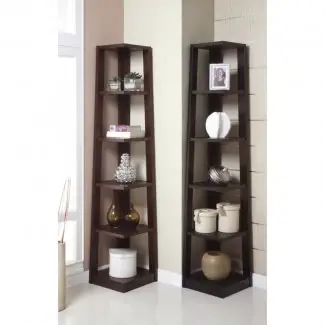  Esquina de pared de madera con acabado de nogal, estantes de 5 niveles, estante para libros 