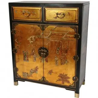 Muebles orientales Muebles asiáticos clásicos y decoración Zapatero oriental con dos cajones lacado dorado de 38 pulgadas 