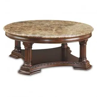 Elegante diseño de mesa de centro redonda de madera con un magnífico tallado en madera 
