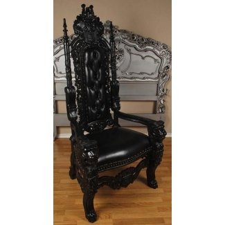  Silla trono gótico rey león de caoba tallada pintura negra negra 