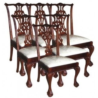  6 sillas auxiliares nuevas de caoba tallada en la parte posterior de la cuerda de tela blanca con forma de bola y garra 